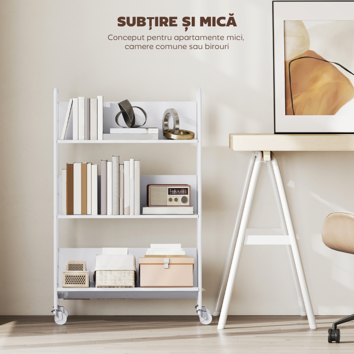  Carucior Modern pentru Carti cu 3 Nivele si Roti Pivotante pentru Carti si Reviste, 69x26x108 cm, Alb [7]