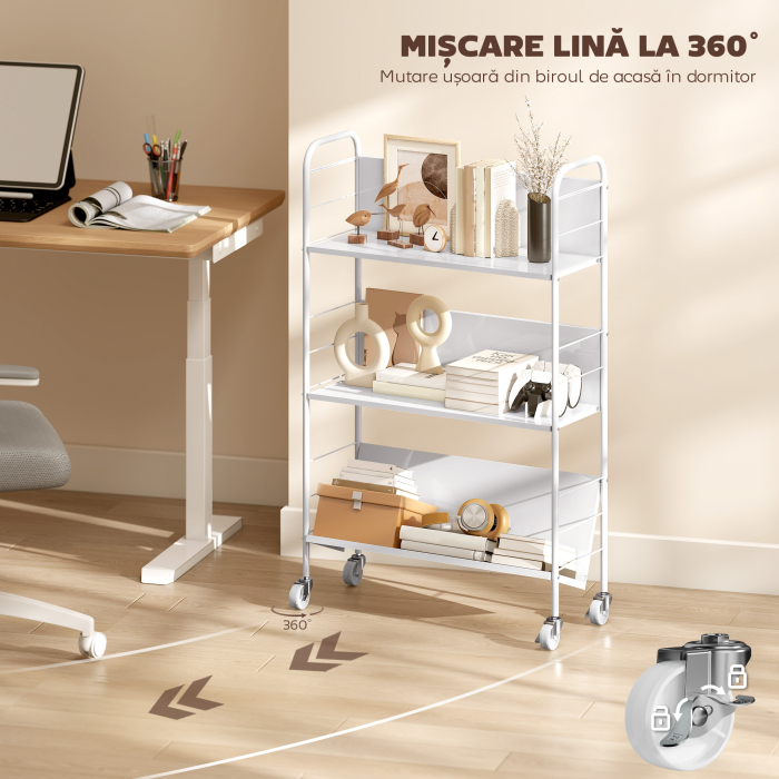  Carucior Modern pentru Carti cu 3 Nivele si Roti Pivotante pentru Carti si Reviste, 69x26x108 cm, Alb [5]