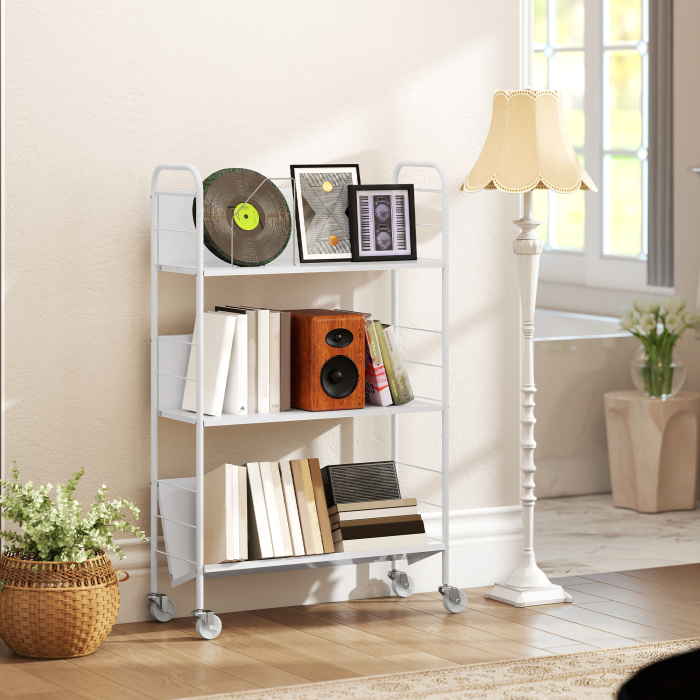 Carucior Modern pentru Carti cu 3 Nivele si Roti Pivotante pentru Carti si Reviste, 69x26x108 cm, Alb [9]