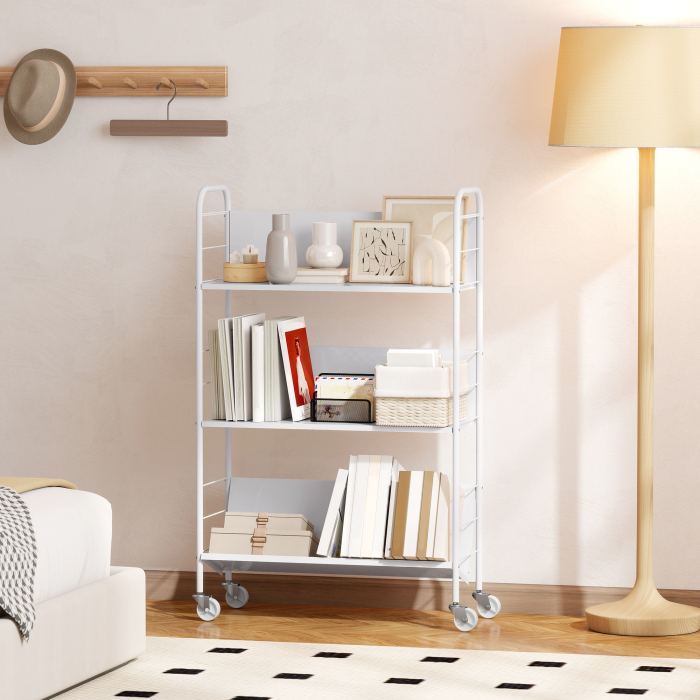 Carucior Modern pentru Carti cu 3 Nivele si Roti Pivotante pentru Carti si Reviste, 69x26x108 cm, Alb [8]