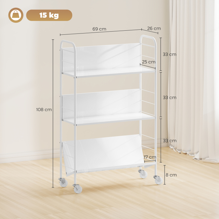  Carucior Modern pentru Carti cu 3 Nivele si Roti Pivotante pentru Carti si Reviste, 69x26x108 cm, Alb [3]
