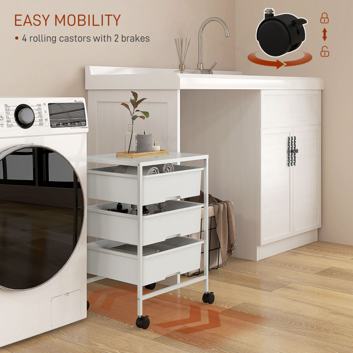  Carucior Multifunctional cu 3 Cosuri si Roti, Carucior pentru Bucatarie si Birou din Otel si Plastic, 40.8x33.5x60.5 cm, Alb [5]