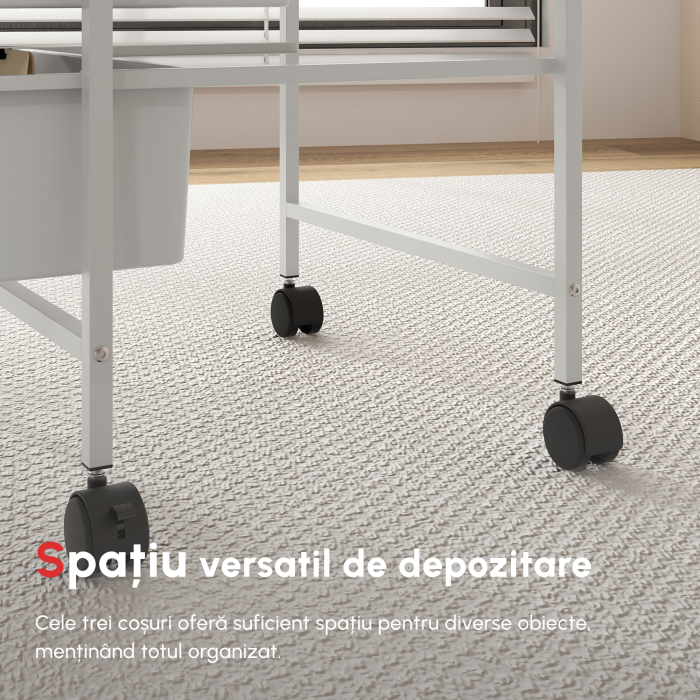  Carucior Multifunctional cu 3 Cosuri si Roti, Carucior pentru Bucatarie si Birou din Otel si Plastic, 40.8x33.5x60.5 cm, Alb [8]