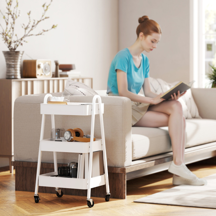  Carucior Multifunctional pentru Bucatarie cu 3 Niveluri, Roti Pivotante cu Frana si Manere, Alb [8]