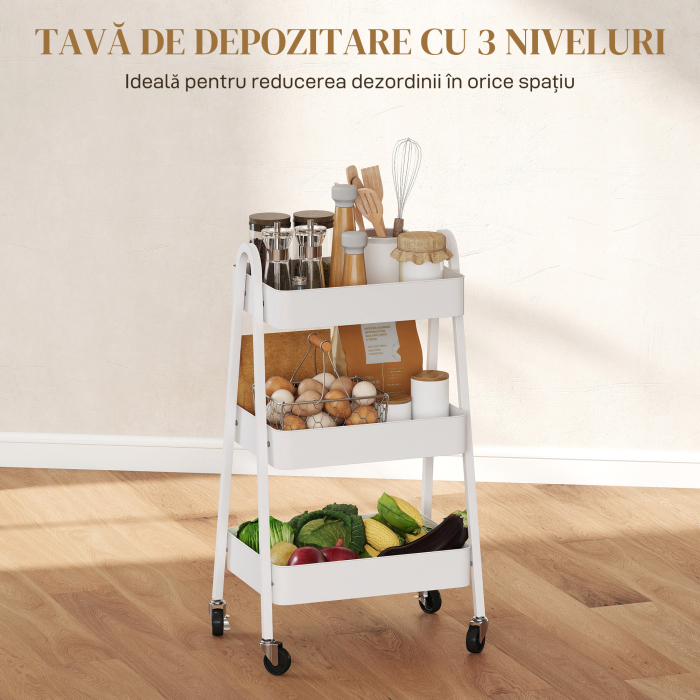  Carucior Multifunctional pentru Bucatarie cu 3 Niveluri, Roti Pivotante cu Frana si Manere, Alb [4]