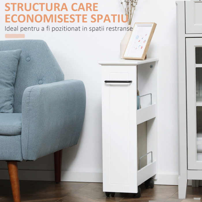  Carucior multifunctional pentru economisirea spatiului pentru baie si bucatarie, carucior din lemn MDF cu roti pivotante si maner, 42,5x20,3x66,7cm, alb [6]