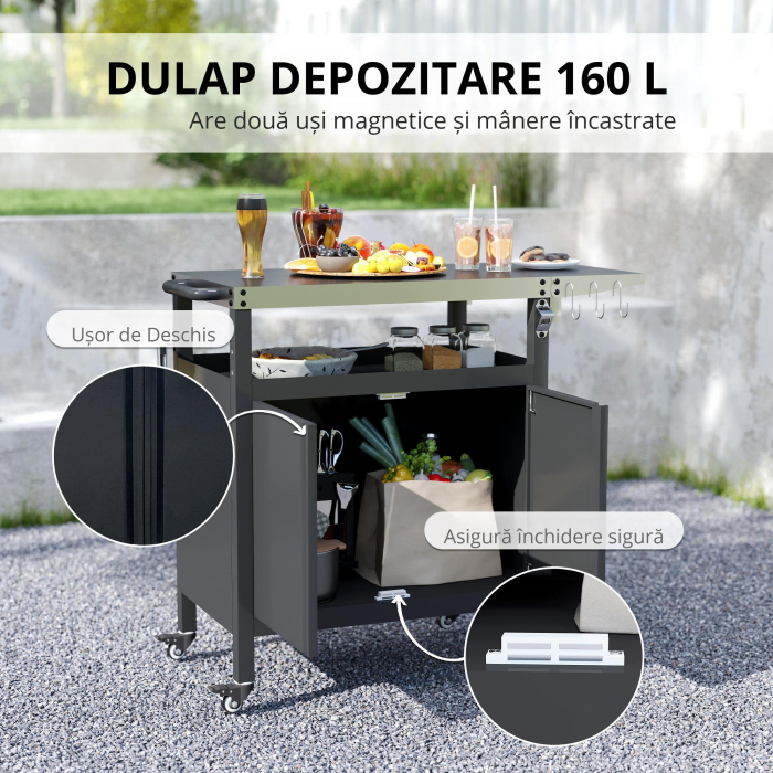  Carucior pentru Barbecue cu Dulap, Raft Deschis si Masa Laterala, din Otel Inoxidabil, 116x50x93 cm, Negru [8]