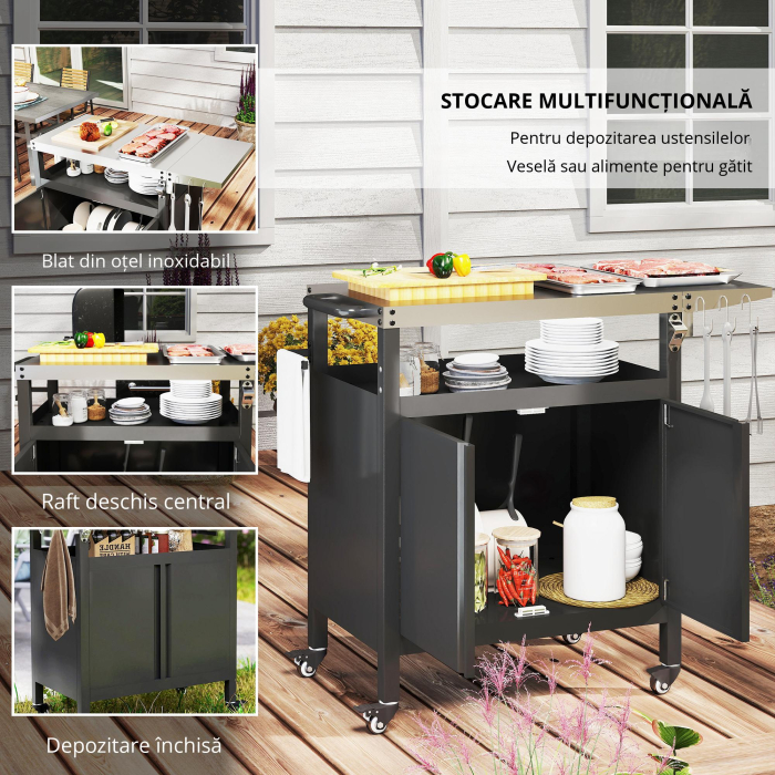  Carucior pentru Barbecue cu Dulap, Raft Deschis si Masa Laterala, din Otel Inoxidabil, 116x50x93 cm, Negru [9]