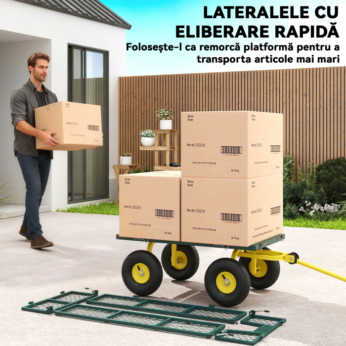 Carucior pentru Gradina din Otel, cu Capacitate de 200 kg si Pereti Laterali Detasabili, 104x54x51 cm, Verde si Galben [5]