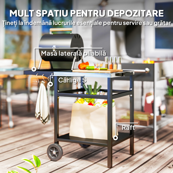  Carucior pentru Gratar cu Blat din Otel Inoxidabil, Raft Pliabil si Husa de Protectie, 91x58x76 cm, Negru [5]