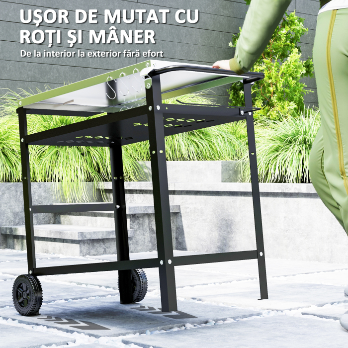 Carucior pentru Gratar cu Blat din Otel Inoxidabil si Raft Reglabil, 100x52x80 cm, Negru [7]