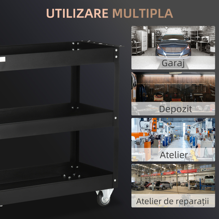  Carucior Port-Scule cu 3 Niveluri din Otel cu Margini inalte si 4 Roti Pivotante, 83x35,3x76 cm, Negru [6]