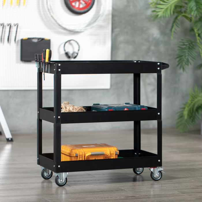  Carucior Port-Scule cu 3 Niveluri din Otel cu Margini inalte si 4 Roti Pivotante, 83x35,3x76 cm, Negru [2]