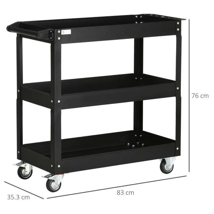  Carucior Port-Scule cu 3 Niveluri din Otel cu Margini inalte si 4 Roti Pivotante, 83x35,3x76 cm, Negru [3]