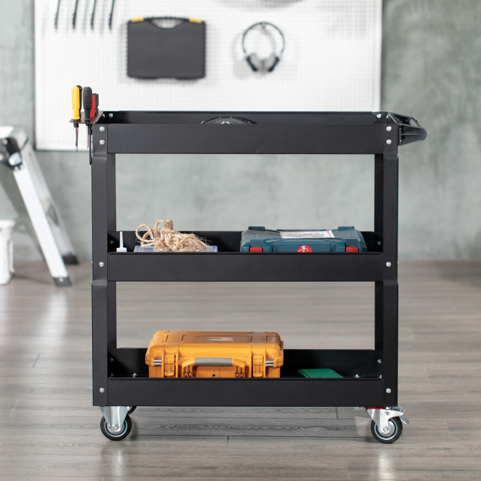  Carucior Port-Scule cu 3 Niveluri din Otel cu Margini inalte si 4 Roti Pivotante, 83x35,3x76 cm, Negru [7]