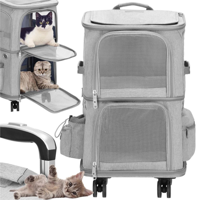 Carucior tip troller pentru transport animale, dublu cu 2 compartimente separate, maxim 22 kg, 55x34x26 cm, gri [2]
