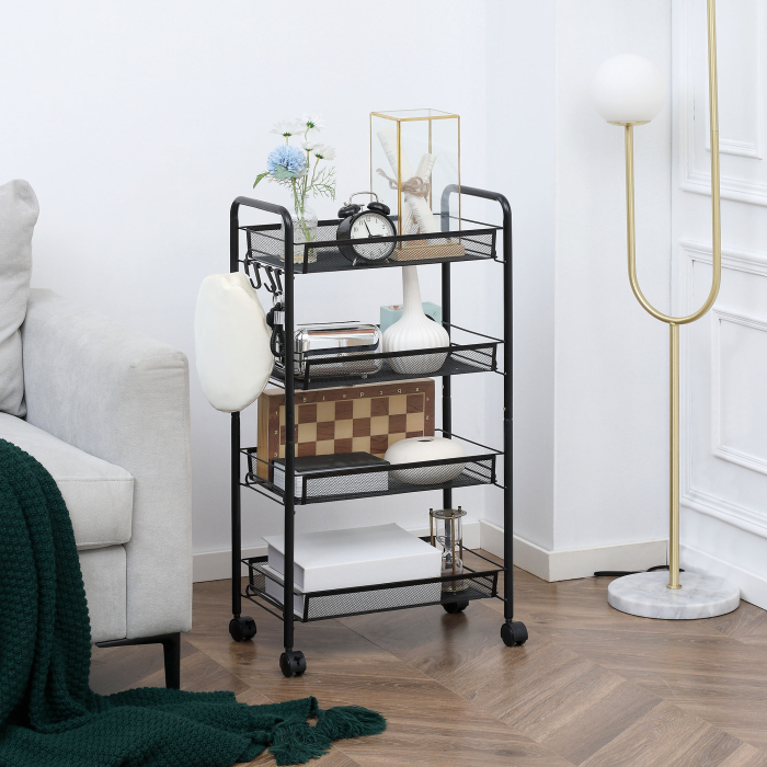  Carucior utilitar cu 4 niveluri, carucior de servire rulant cu cosuri de plasa detasabile, pentru sufragerie si bucatarie, spalatorie, garaj si baie, negru [2]