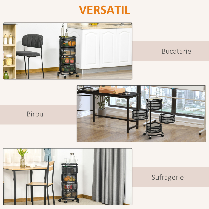  Carucior utilitar rulant  cu cosuri metalice rotative, Carucior de serviciu cu 4 niveluri de depozitare cu blat, Negru [7]