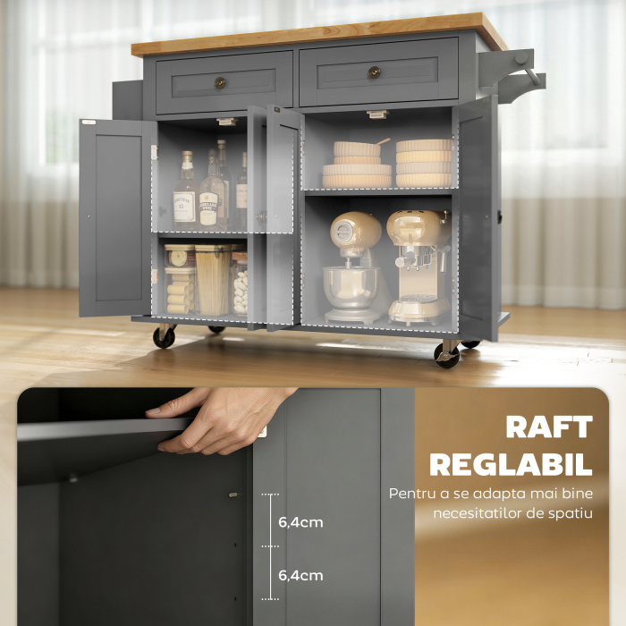  Carut de Bucatarie cu 2 Sertare si 2 Dulapuri, Insula de Bucatarie cu Blat din Lemn, 111x44,5x82,5 cm, Gri [5]
