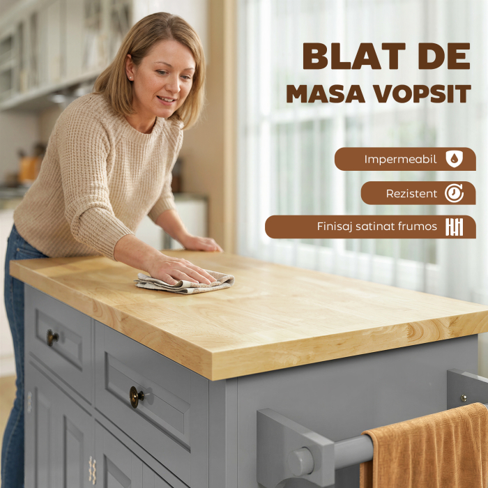  Carut de Bucatarie cu 2 Sertare si 2 Dulapuri, Insula de Bucatarie cu Blat din Lemn, 111x44,5x82,5 cm, Gri [4]