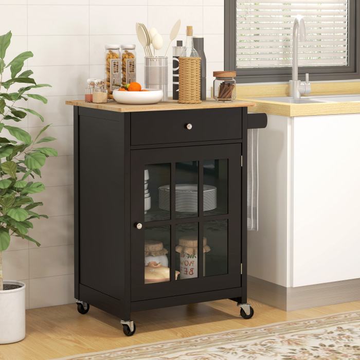  Carut de Bucatarie cu Sertar, Dulap Reglabil si Suport pentru Prosoape, din Lemn, 67x48x86,5 cm, Negru si Stejar [2]