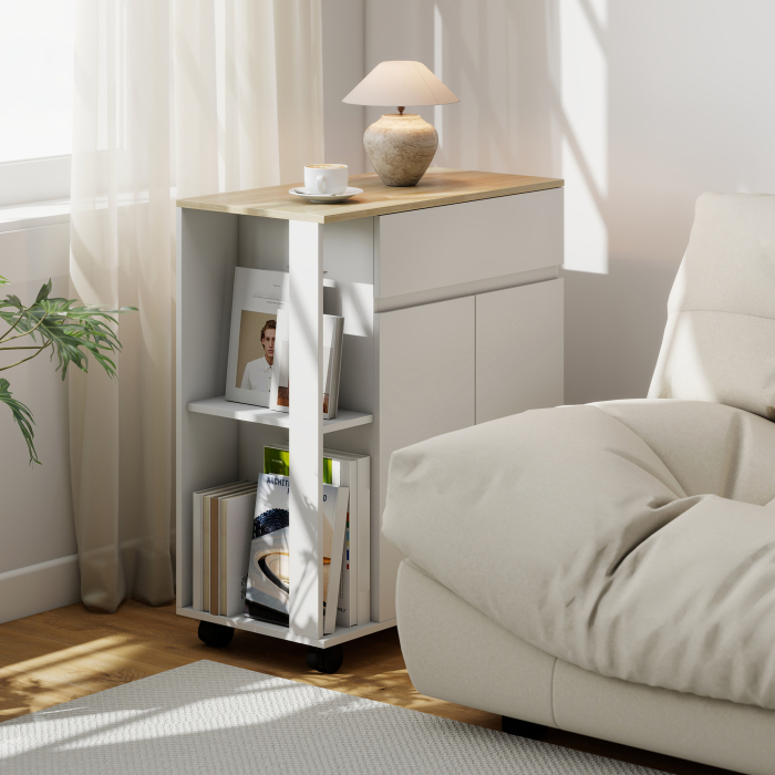  Carut de Bucatarie cu Sertar, Dulap si 2 Rafturi Laterale, din Lemn, 78x39,5x88,5 cm, Alb si Stejar [8]