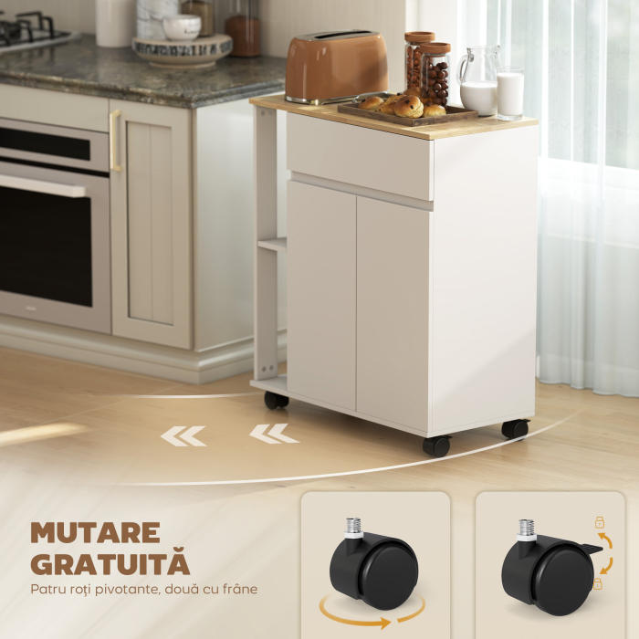  Carut de Bucatarie cu Sertar, Dulap si 2 Rafturi Laterale, din Lemn, 78x39,5x88,5 cm, Alb si Stejar [5]