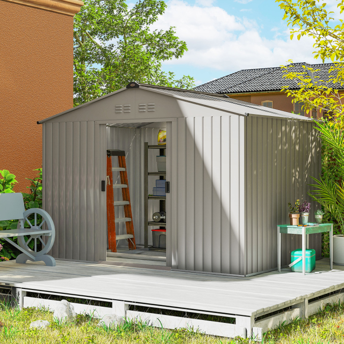  Casa de Gradina 4,9 m² 277x195x192 cm cu 2 Usi Glisante, Acoperis inclinat si 4 Grile Gri Argintiu [2]