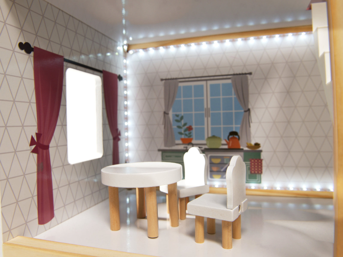 Casa de papusi mare din lemn cu 3 etaje, 4 camere, terasa, mobilier si iluminare LED, 62x27x78 cm, alb [7]