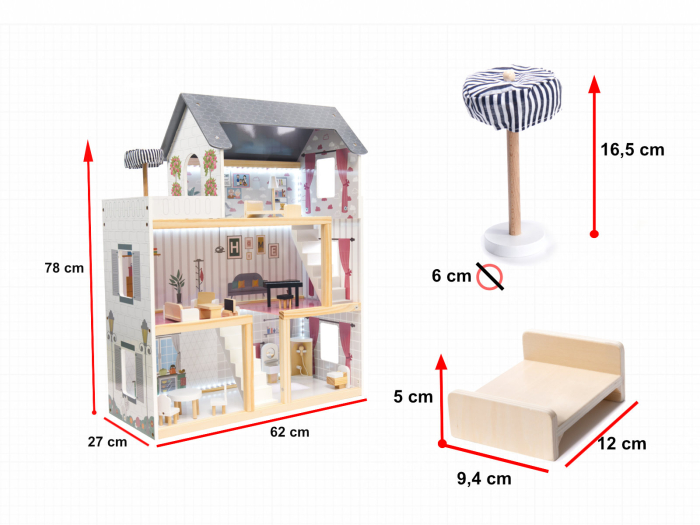 Casa de papusi mare din lemn cu 3 etaje, 4 camere, terasa, mobilier si iluminare LED, 62x27x78 cm, alb [15]