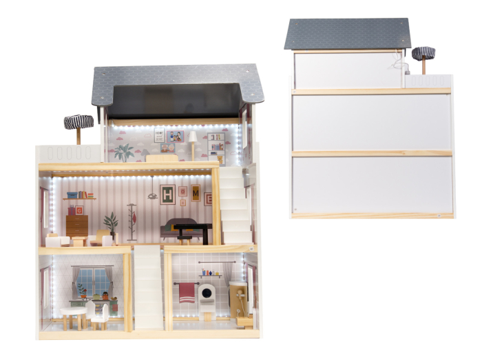 Casa de papusi mare din lemn cu 3 etaje, 4 camere, terasa, mobilier si iluminare LED, 62x27x78 cm, alb [21]