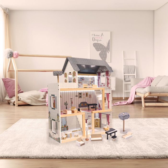 Casa de papusi mare din lemn cu 3 etaje, 4 camere, terasa, mobilier si iluminare LED, 62x27x78 cm, alb [13]