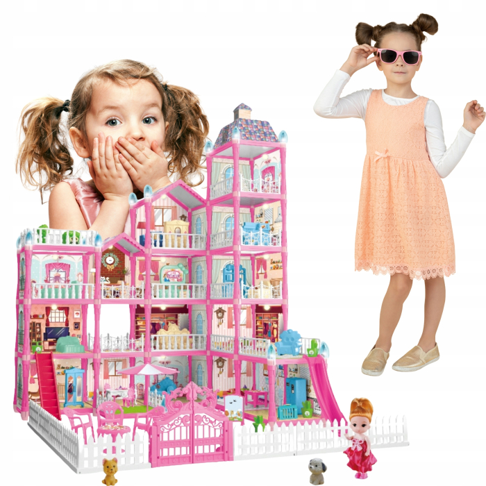 Casa de papusi pentru copii cu 374 piese, animale, mobilier si accesorii, 80x60x50 cm, roz [9]