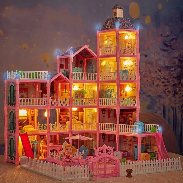 Casa de papusi pentru copii cu 374 piese, animale, mobilier si accesorii, 80x60x50 cm, roz [4]