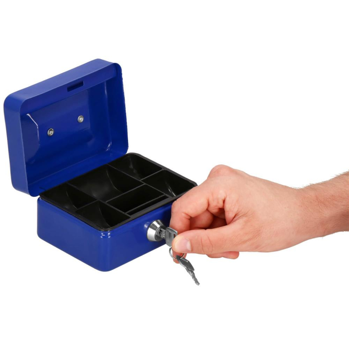 Caseta pentru bani tip cutie de valori, compartimentanta, cu cheie, metal, 12.5x9.5x6.5cm, albastru [7]