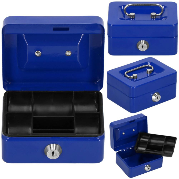 Caseta pentru bani tip cutie de valori, compartimentanta, cu cheie, metal, 12.5x9.5x6.5cm, albastru [12]