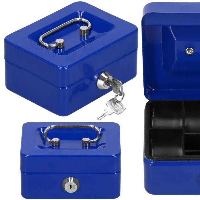 Caseta pentru bani tip cutie de valori, compartimentanta, cu cheie, metal, 12.5x9.5x6.5cm, albastru [2]