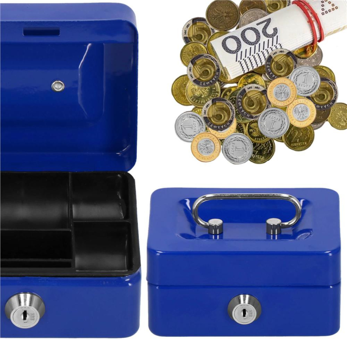 Caseta pentru bani tip cutie de valori, compartimentanta, cu cheie, metal, 12.5x9.5x6.5cm, albastru [21]