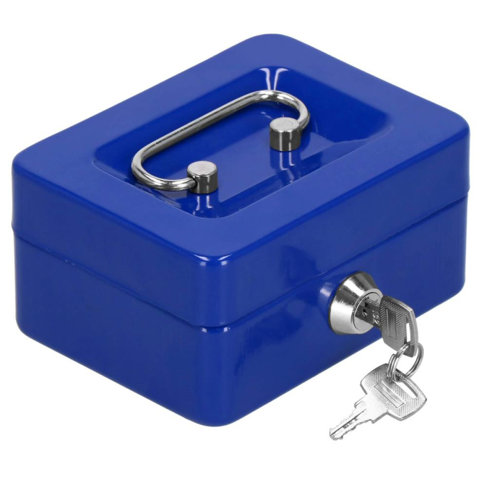 Caseta pentru bani tip cutie de valori, compartimentanta, cu cheie, metal, 12.5x9.5x6.5cm, albastru [16]