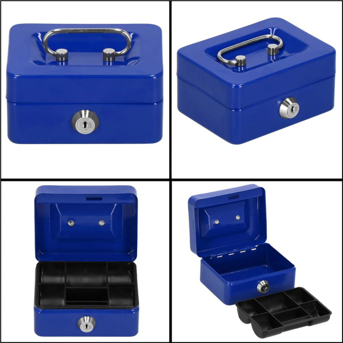 Caseta pentru bani tip cutie de valori, compartimentanta, cu cheie, metal, 12.5x9.5x6.5cm, albastru [10]