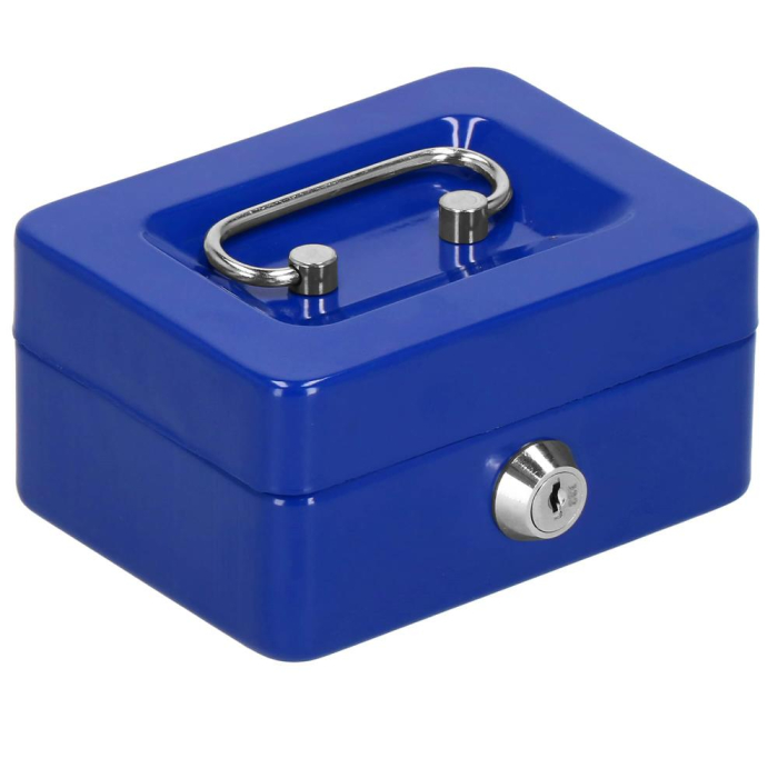 Caseta pentru bani tip cutie de valori, compartimentanta, cu cheie, metal, 12.5x9.5x6.5cm, albastru [3]