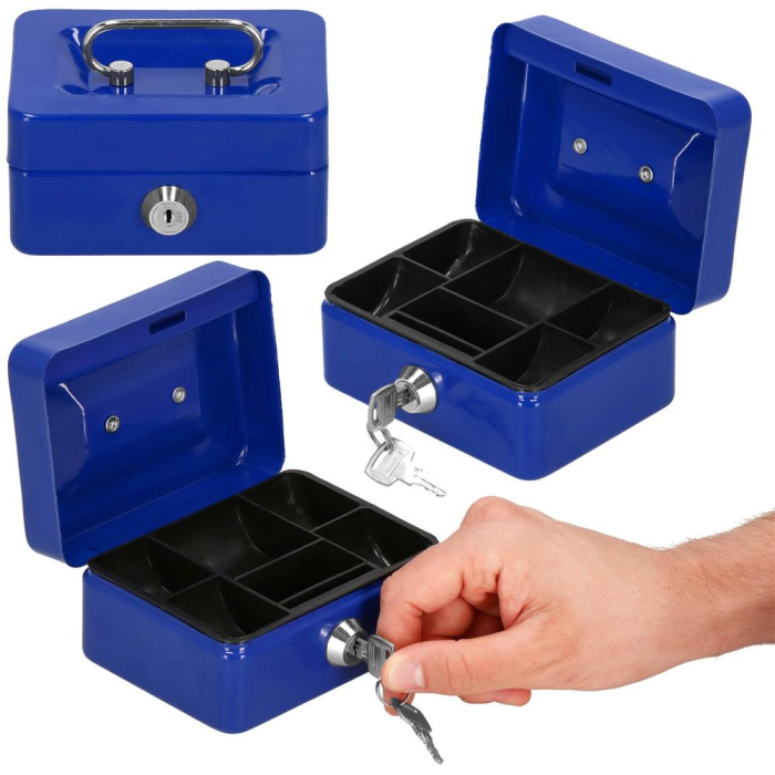 Caseta pentru bani tip cutie de valori, compartimentanta, cu cheie, metal, 12.5x9.5x6.5cm, albastru [13]