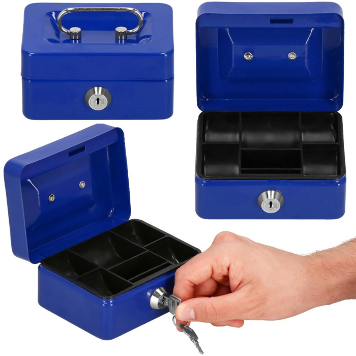 Caseta pentru bani tip cutie de valori, compartimentanta, cu cheie, metal, 12.5x9.5x6.5cm, albastru [14]