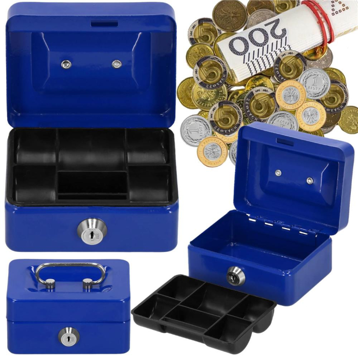 Caseta pentru bani tip cutie de valori, compartimentanta, cu cheie, metal, 12.5x9.5x6.5cm, albastru [20]