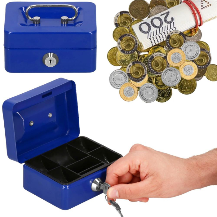 Caseta pentru bani tip cutie de valori, compartimentanta, cu cheie, metal, 12.5x9.5x6.5cm, albastru [19]
