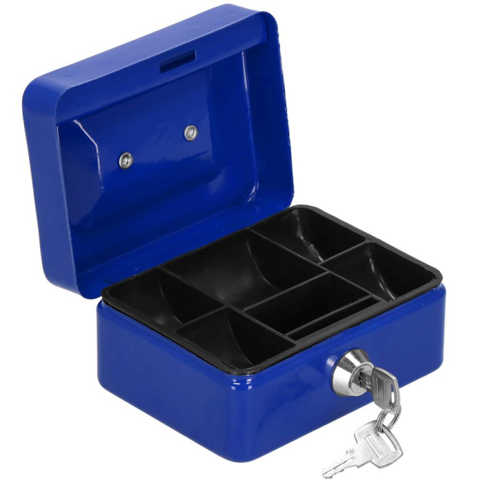 Caseta pentru bani tip cutie de valori, compartimentanta, cu cheie, metal, 12.5x9.5x6.5cm, albastru [5]