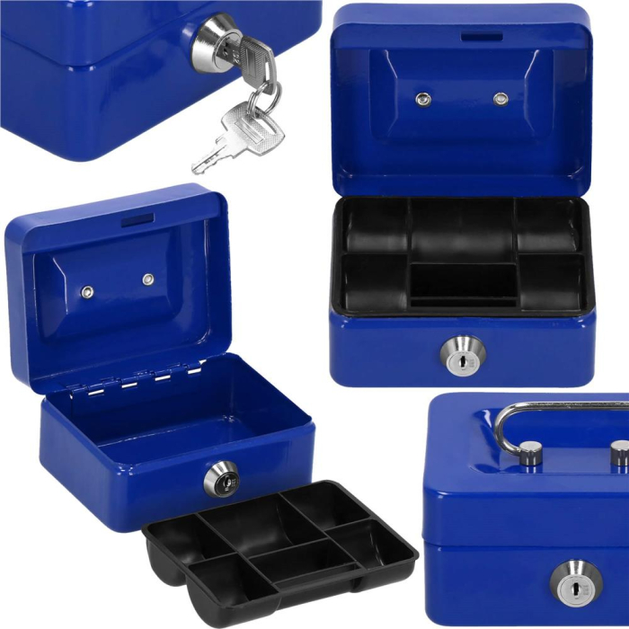 Caseta pentru bani tip cutie de valori, compartimentanta, cu cheie, metal, 12.5x9.5x6.5cm, albastru [15]