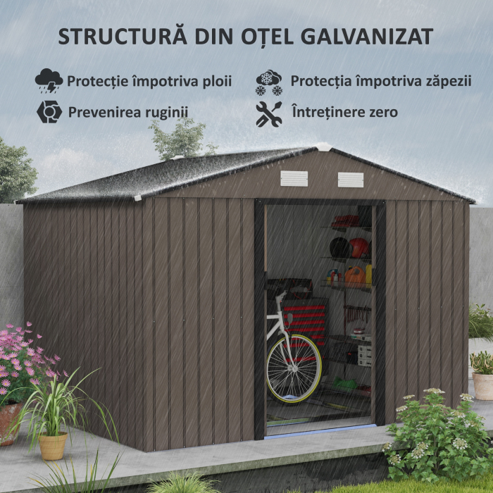  Casetta da Giardino con 4 Prese d'Aria e 2 Porte Scorrevoli in Acciaio, 277x195x192 cm, Marrone [4]