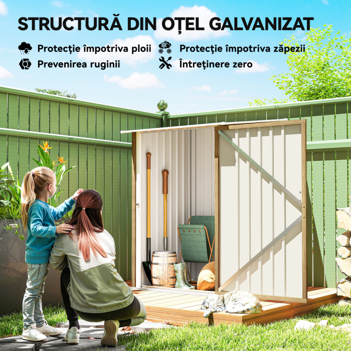  Casuta de Gradina 0.92m² din Otel Galvanizat, Depozit pentru Unelte cu Usa Blocabila, Acoperis inclinat, 100x104x160 cm, Maro Deschis cu Aspect Lemn [4]