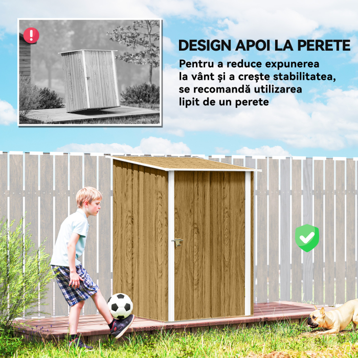  Casuta de Gradina 0.92m² din Otel Galvanizat, Depozit pentru Unelte cu Usa Blocabila, Acoperis inclinat, 100x104x160 cm, Maro Deschis cu Aspect Lemn [6]